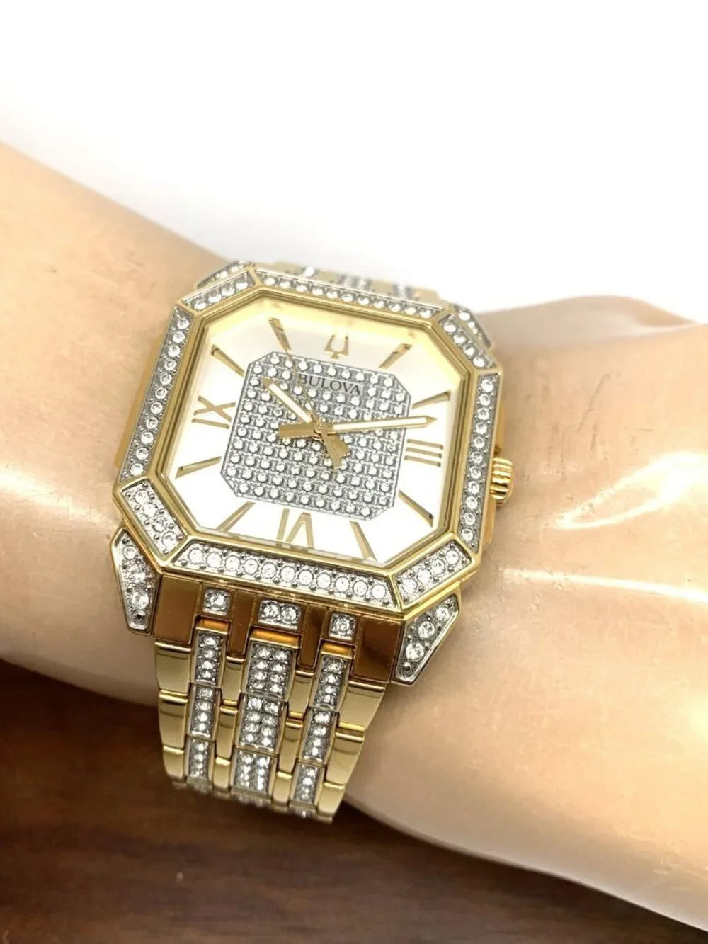 Bulova Men's Watch 98A295 Octava Quartz Crystal Pave Gold Stainless Steel 40mm